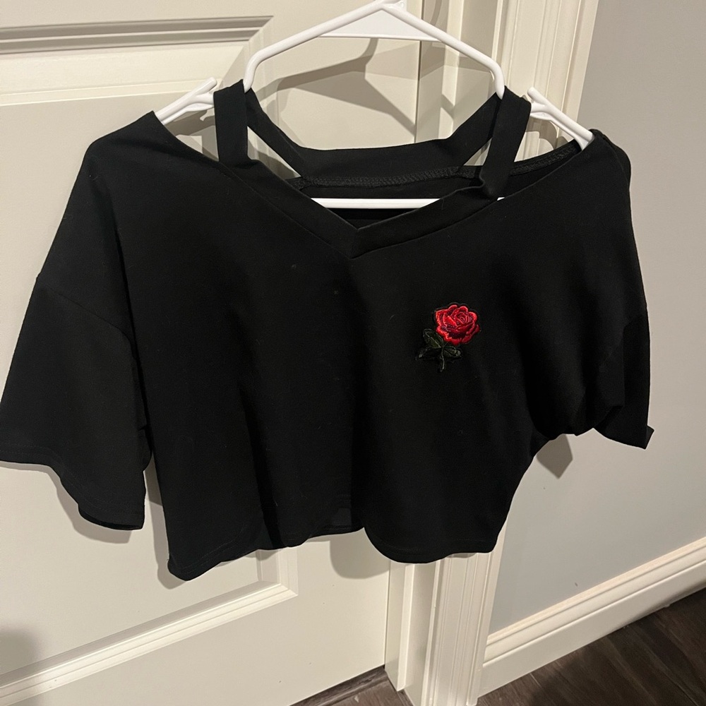 Black Off-Shoulder Top with Red Rose Embroidery